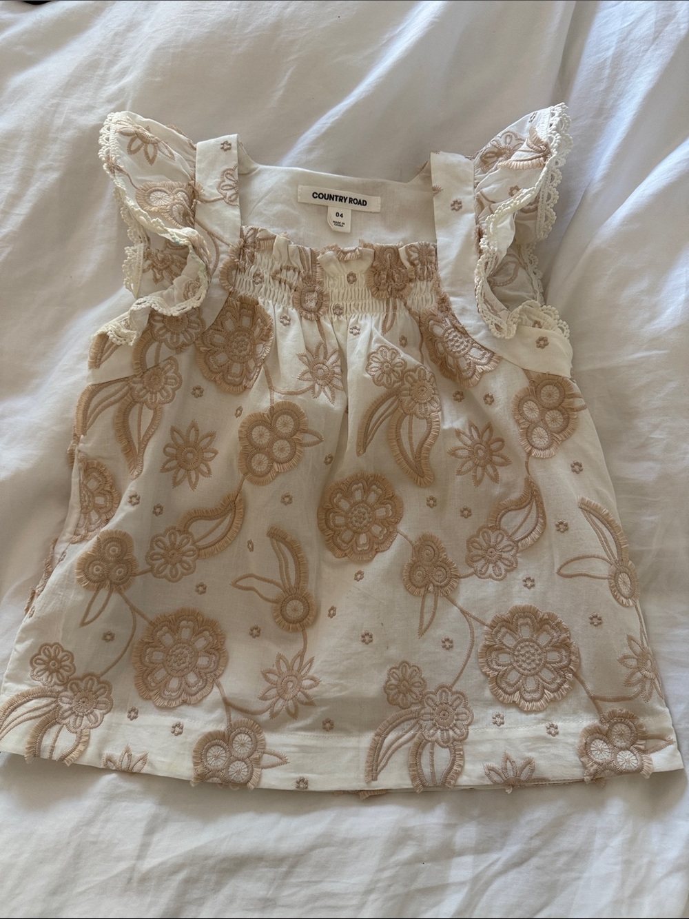 Country Road Cream Top with Tan Floral Embroidery